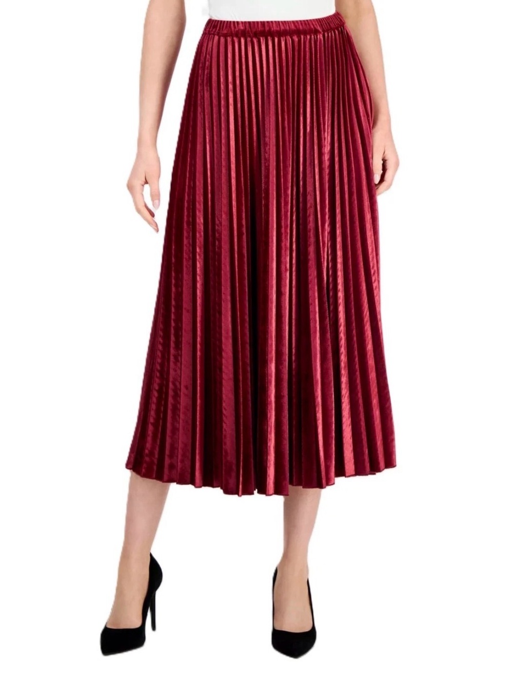 NWT Anne Klein Wine Red Pleated Velvet Midi Skirt